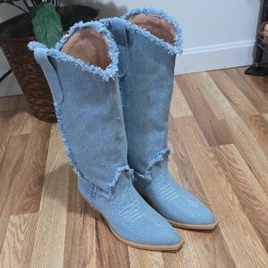 Frayed Denim Pullon Mid Calf Boots Womens 37